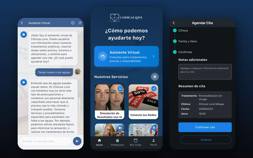 Pantallas de la app Clínicas Love: asistente virtual, inicio y reserva de cita