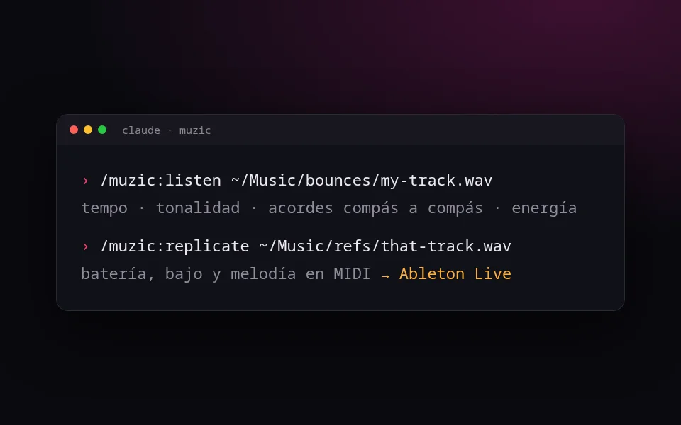 Terminal con los comandos /muzic:listen y /muzic:replicate